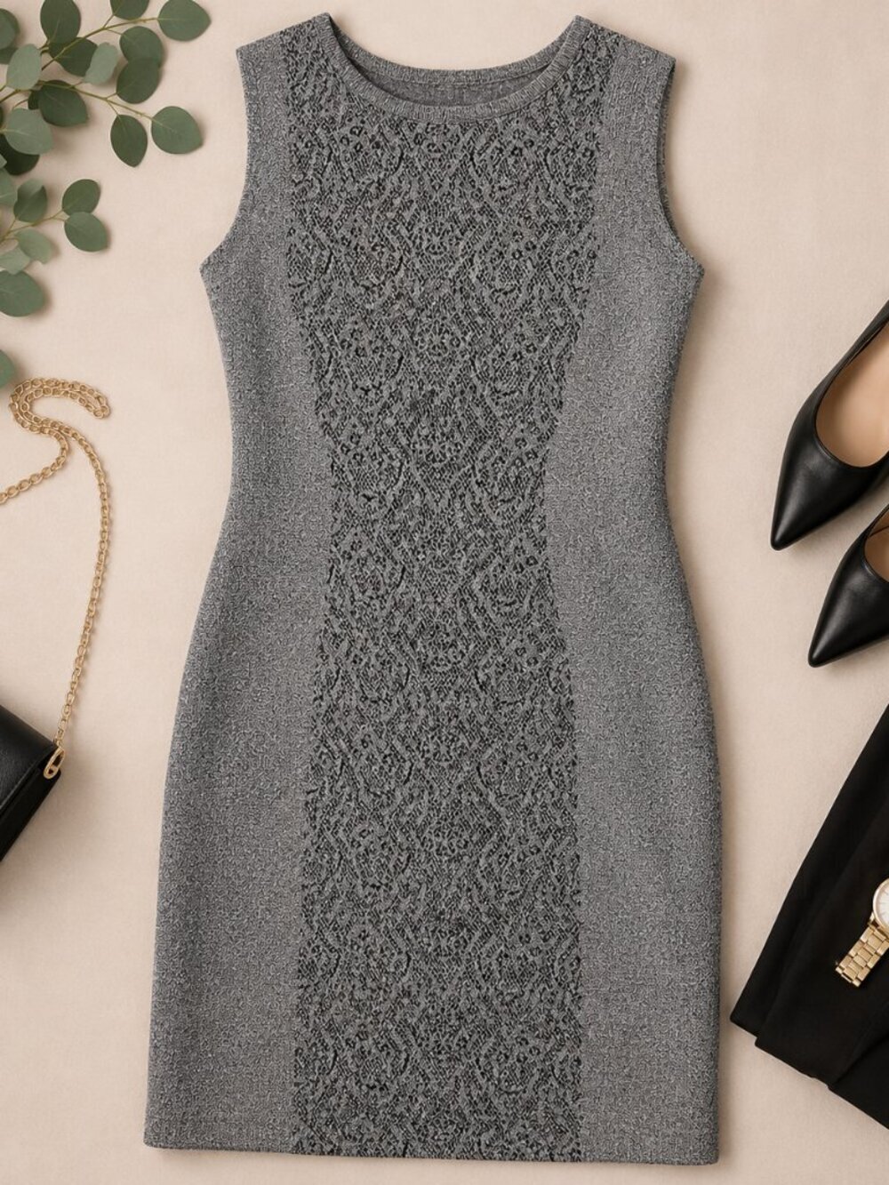 Nanette Lepore Bodycon Knit Dress Size Medium Gray Black Sleeveless Jacquard